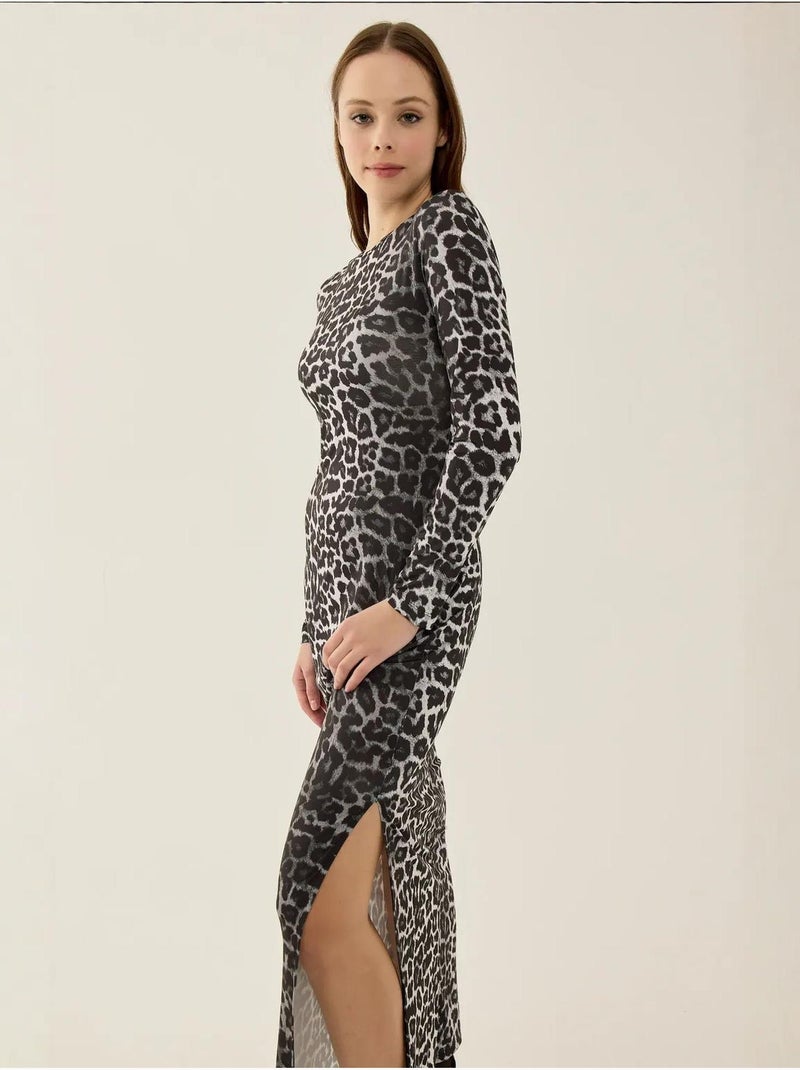 Robe longue fendue à imprimé léopard Noir - Kiabi