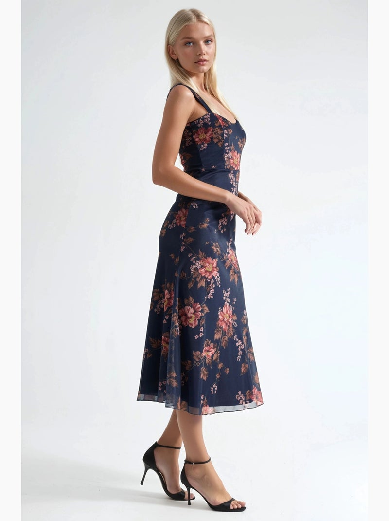 Robe longue fleurie à col carré hiccup Bleu marine - Kiabi
