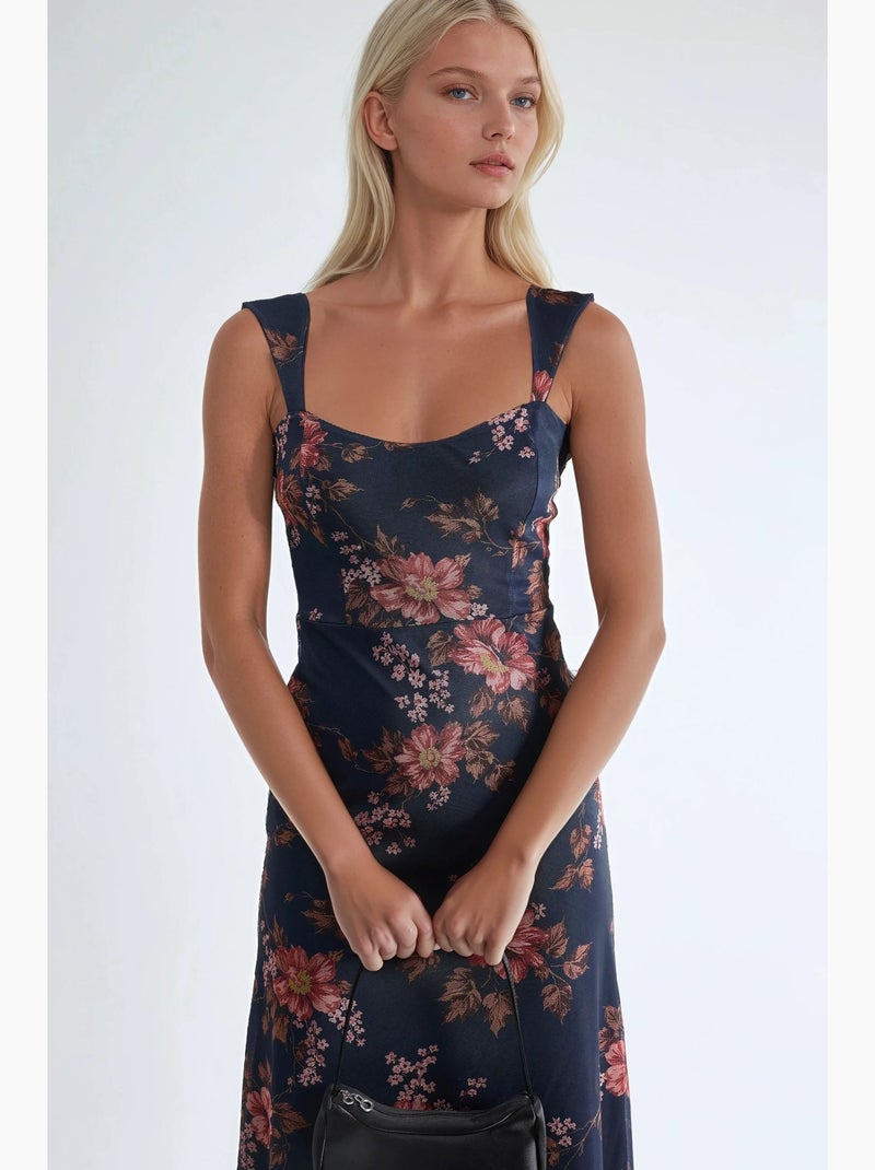 Robe longue fleurie à col carré hiccup Bleu marine - Kiabi