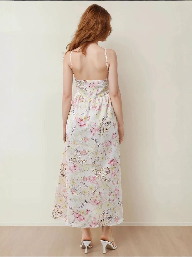 Robe longue fleurie à col en V Multicolore - Kiabi