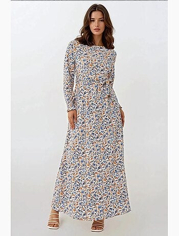 Robe longue fleurie à col ras du cou et ceinture hiccup