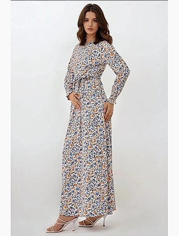 Robe longue fleurie à col ras du cou et ceinture hiccup