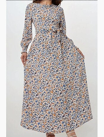 Robe longue fleurie à col ras du cou et ceinture hiccup
