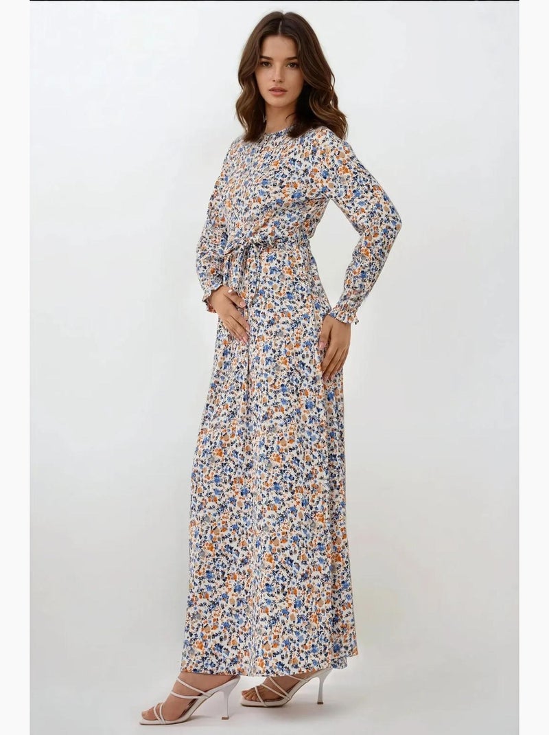 Robe longue fleurie à col ras du cou et ceinture hiccup Bleu ciel - Kiabi