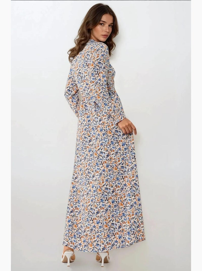 Robe longue fleurie à col ras du cou et ceinture hiccup Bleu ciel - Kiabi