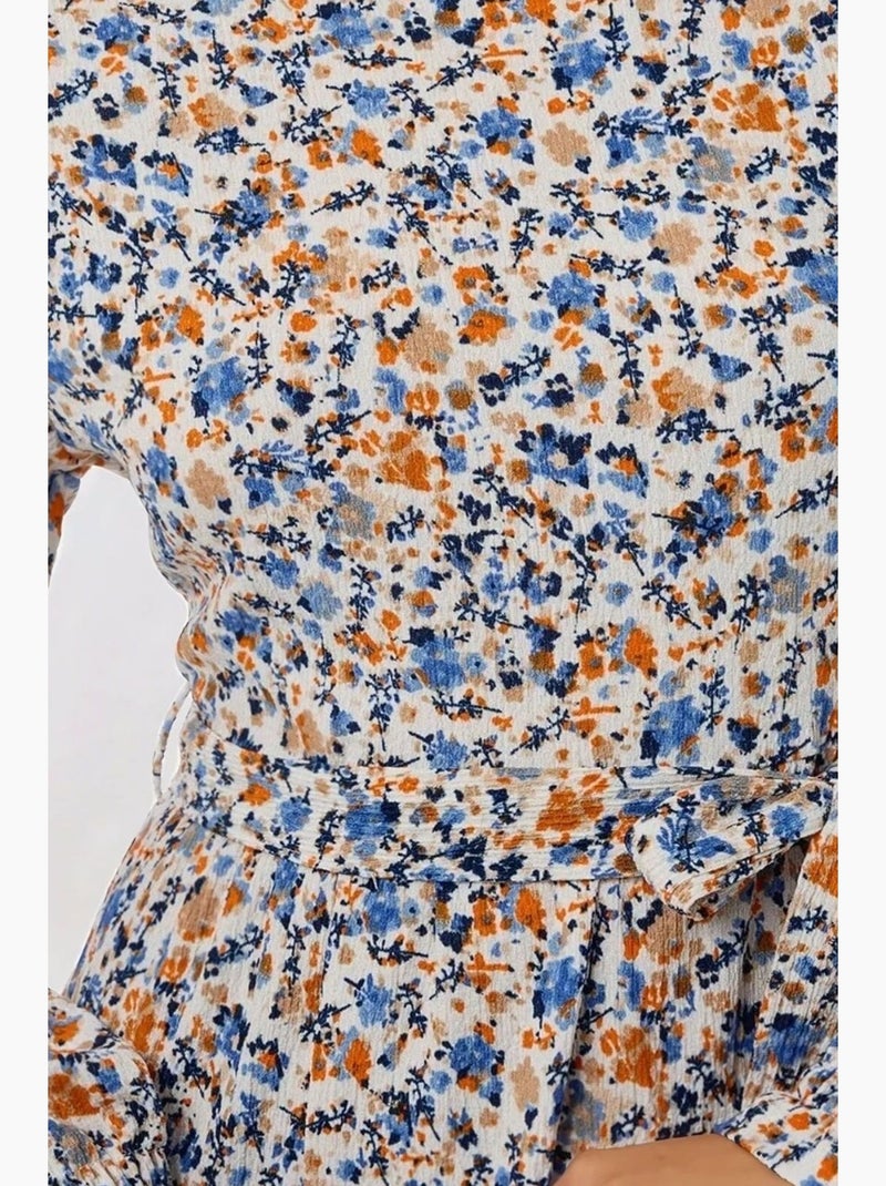 Robe longue fleurie à col ras du cou et ceinture hiccup Bleu ciel - Kiabi