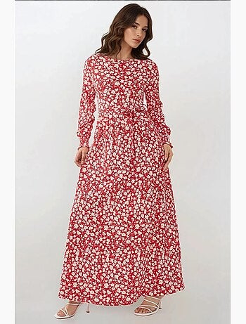Robe longue fleurie à col ras du cou et ceinture hiccup