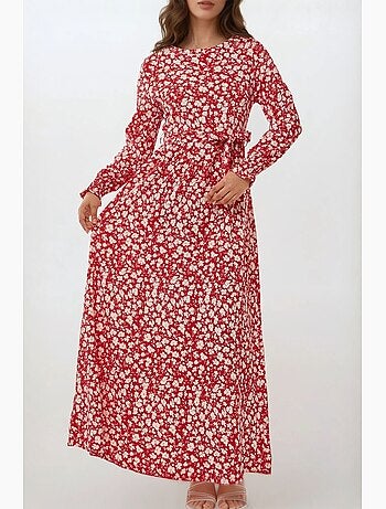 Robe longue fleurie à col ras du cou et ceinture hiccup