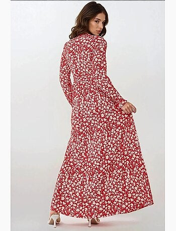 Robe longue fleurie à col ras du cou et ceinture hiccup