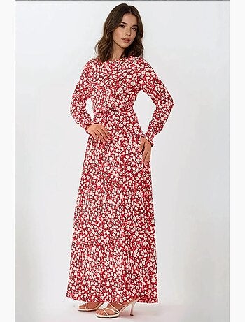 Robe longue fleurie à col ras du cou et ceinture hiccup