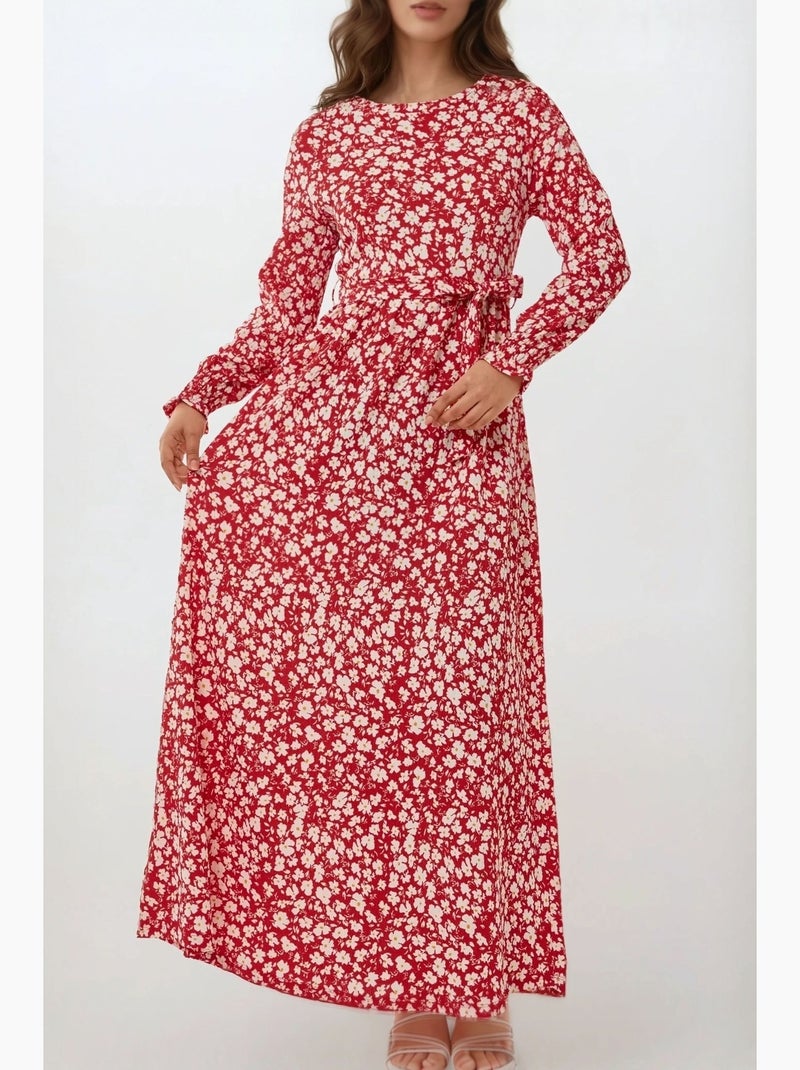 Robe longue fleurie à col ras du cou et ceinture hiccup Rouge - Kiabi