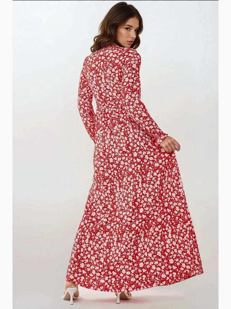 Robe longue fleurie à col ras du cou et ceinture hiccup Rouge - Kiabi