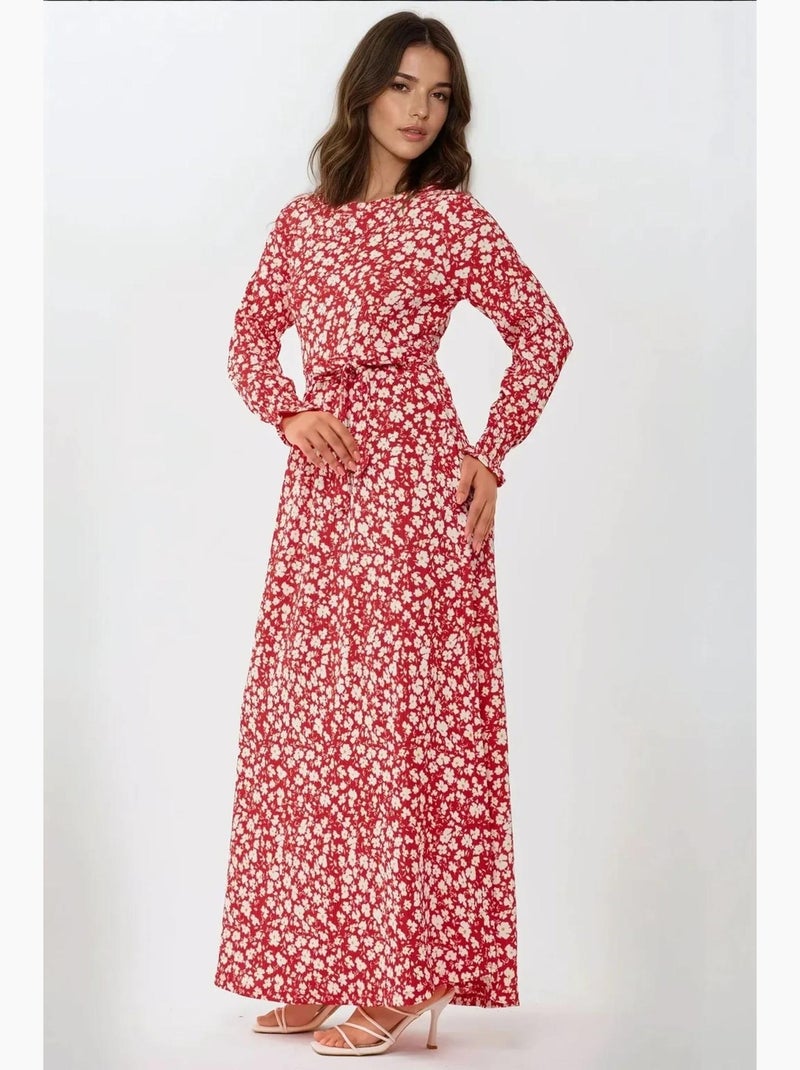 Robe longue fleurie à col ras du cou et ceinture hiccup Rouge - Kiabi
