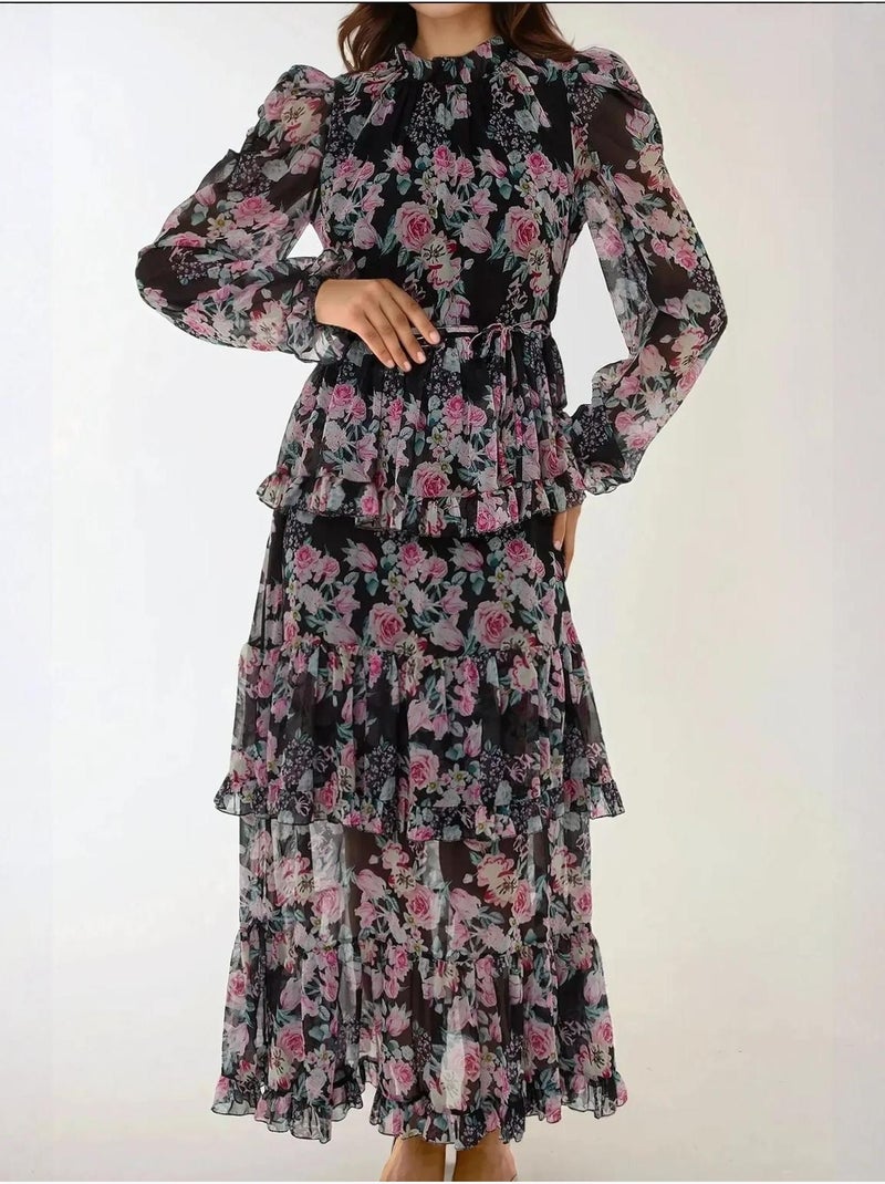 Robe longue fleurie à col ras du cou et volants Multicolore - Kiabi