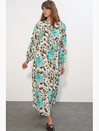 Robe longue fleurie avec col mandarin et fermeture boutonnée bdart