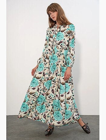 Robe longue fleurie avec col mandarin et fermeture boutonnée bdart