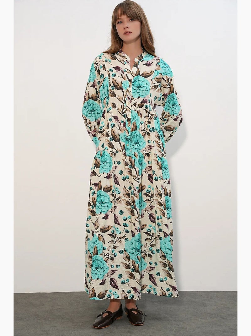 Robe longue fleurie avec col mandarin et fermeture boutonnée bdart Vert menthe - Kiabi
