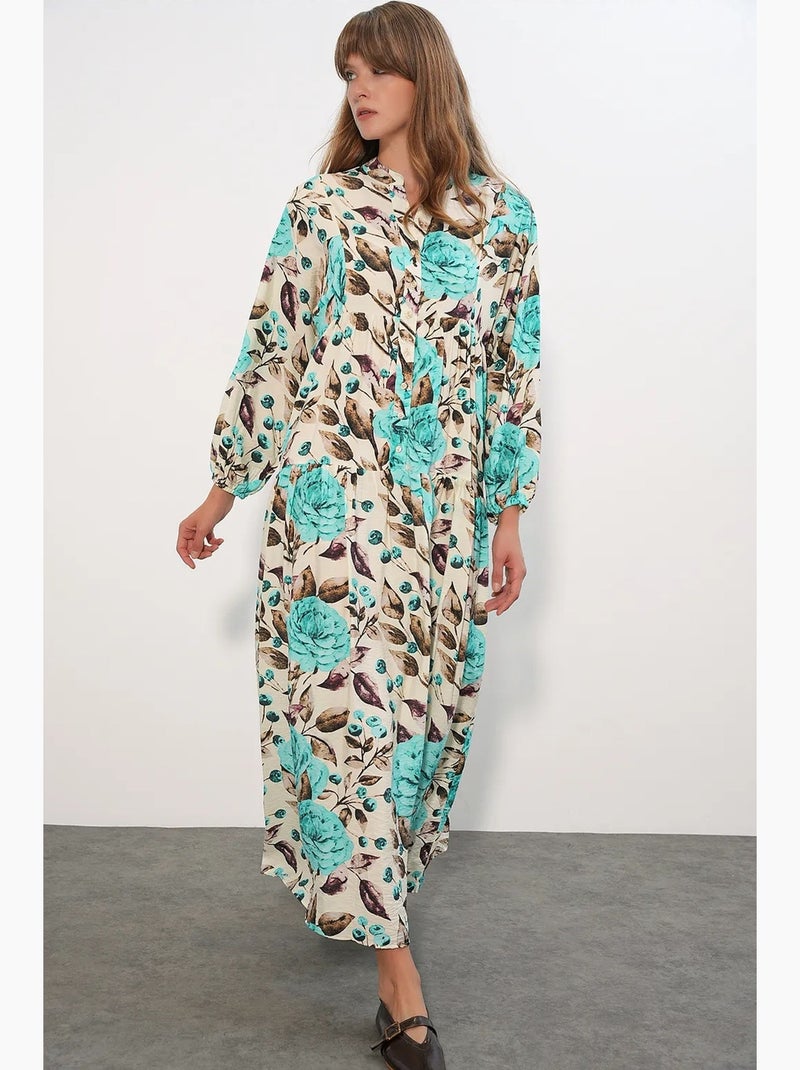 Robe longue fleurie avec col mandarin et fermeture boutonnée bdart Vert menthe - Kiabi