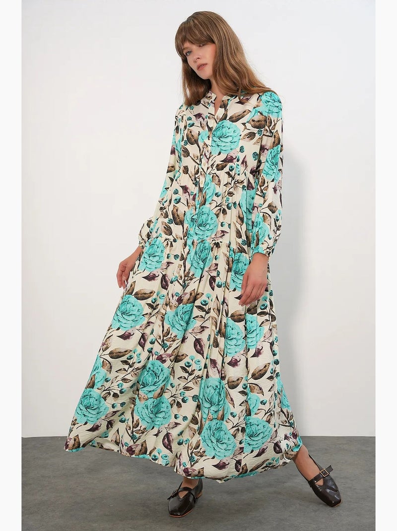 Robe longue fleurie avec col mandarin et fermeture boutonnée bdart Vert menthe - Kiabi