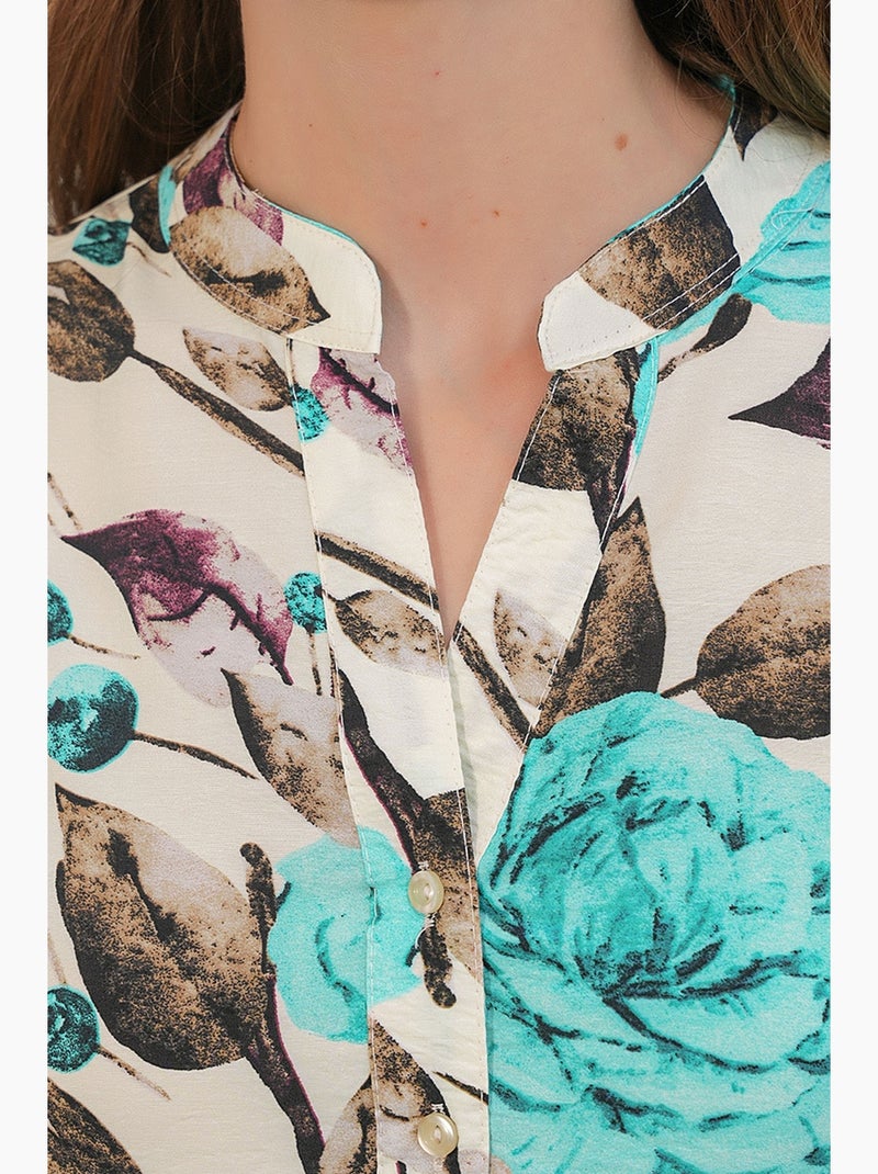 Robe longue fleurie avec col mandarin et fermeture boutonnée bdart Vert menthe - Kiabi