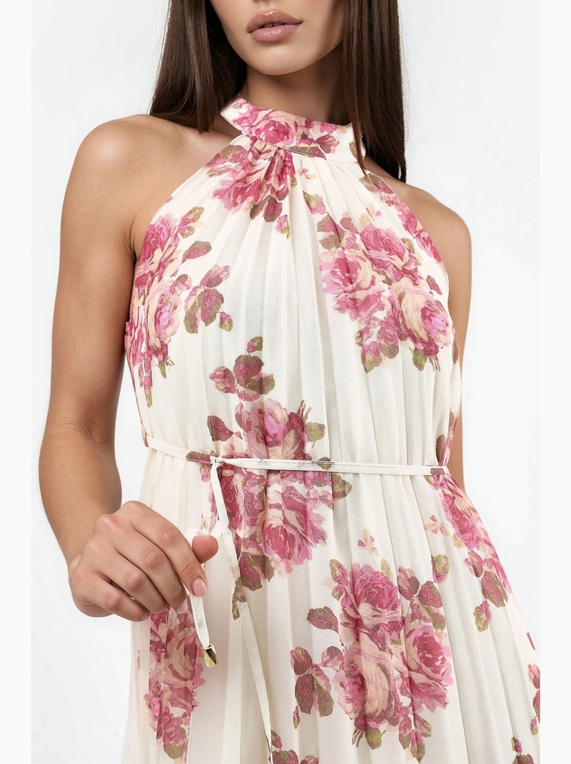 Robe longue fleurie avec détail à nouer busem Crème - Kiabi