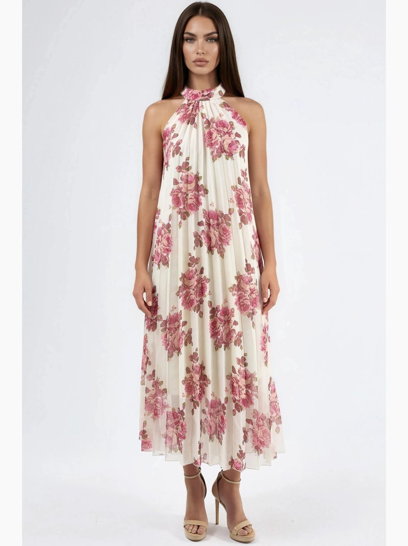 Robe longue fleurie avec détail à nouer busem Crème - Kiabi