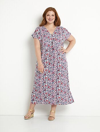Robe longue fleurie cache-coeur manches courtes - Afibel