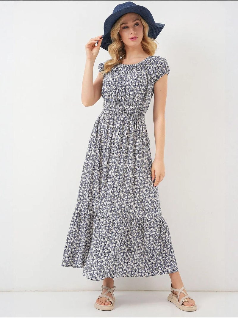 Robe longue fleurie en forme de a avec détails élastiques bdart Bleu marine - Kiabi