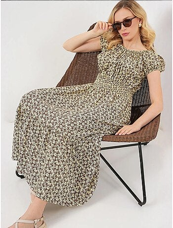 Robe longue fleurie en forme de a avec détails élastiques bdart