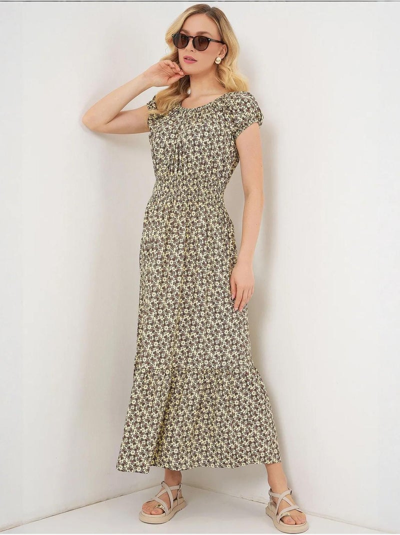 Robe longue fleurie en forme de a avec détails élastiques bdart Vert kaki - Kiabi