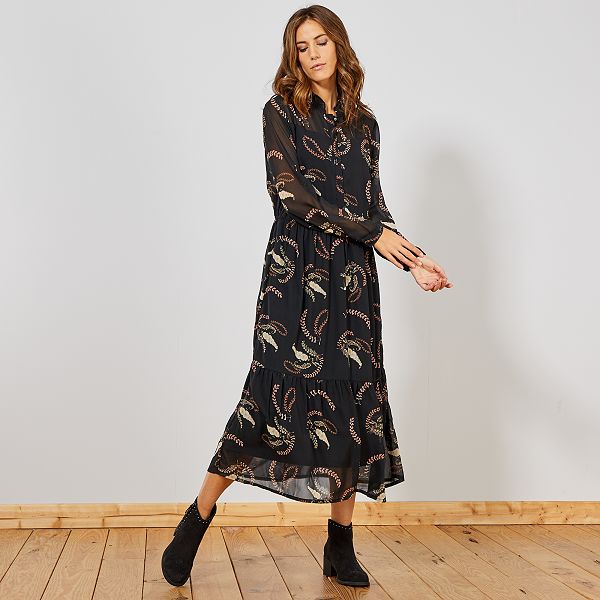 Robe longue fleurie et en voile Femme - noir - Kiabi - 25,00€