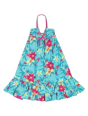 Robe longue fleurs Hawaï turquoise TAHITI - La Faute à Voltaire
