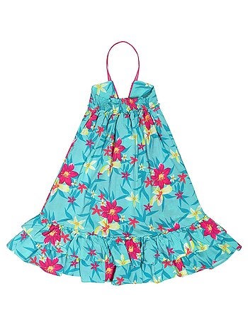 Robe longue fleurs Hawaï turquoise TAHITI - La Faute à Voltaire