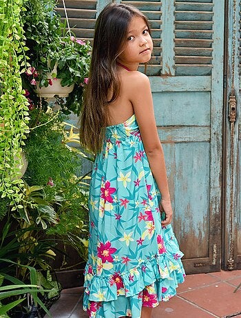 Robe longue fleurs Hawaï turquoise TAHITI - La Faute à Voltaire