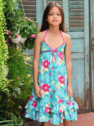 Robe longue     fleurs Hawaï  turquoise  TAHITI - La Faute à Voltaire