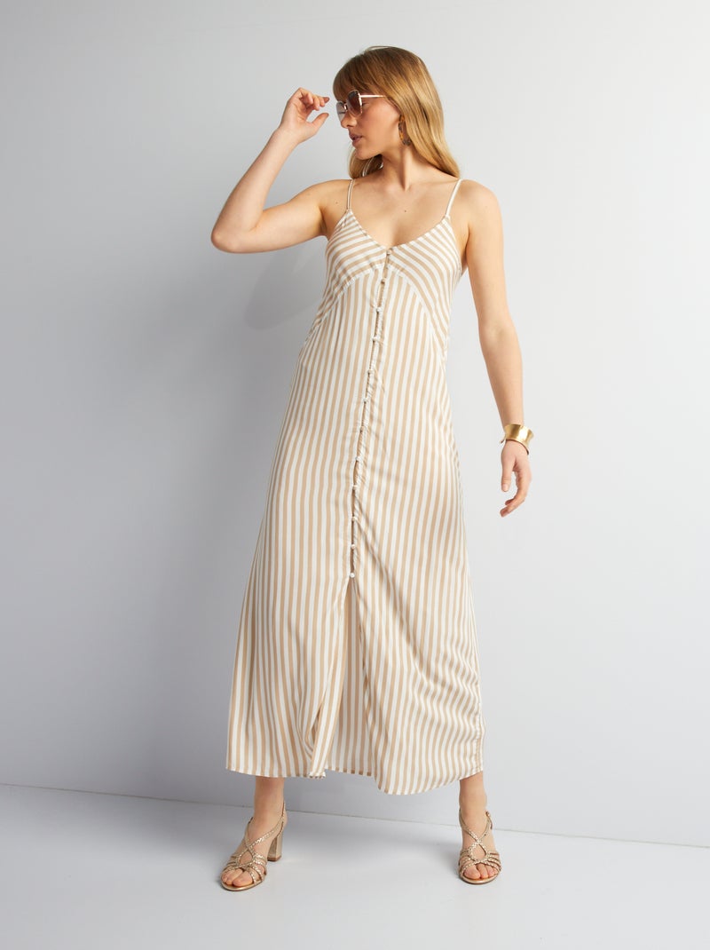 Robe longue fluide à fines bretelles Beige rayé - Kiabi