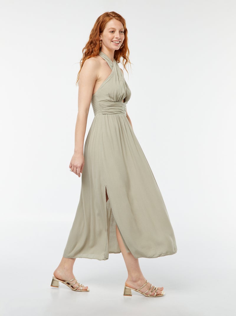 Robe longue fluide avec large décolleté Kaki - Kiabi