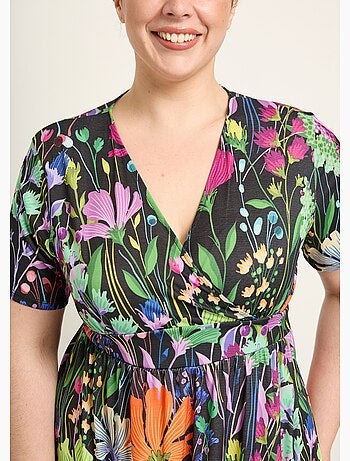 Robe longue fluide manches courtes, fleuri - Afibel