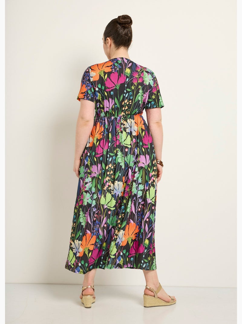 Robe longue fluide manches courtes, fleuri - Afibel Noir - Kiabi