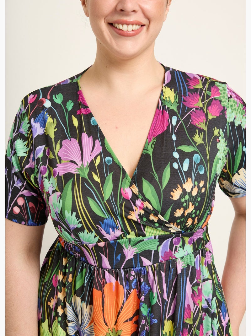 Robe longue fluide manches courtes, fleuri - Afibel Noir - Kiabi