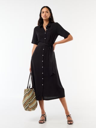 Robe longue forme chemise avec ceinture à nouer uni
