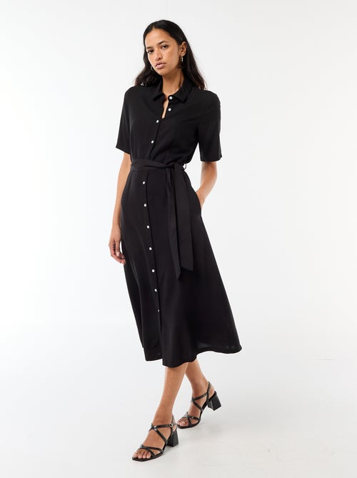 Robe longue forme chemise avec ceinture à nouer uni - Kiabi