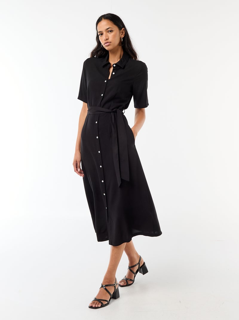 Robe longue forme chemise avec ceinture à nouer uni Noir - Kiabi