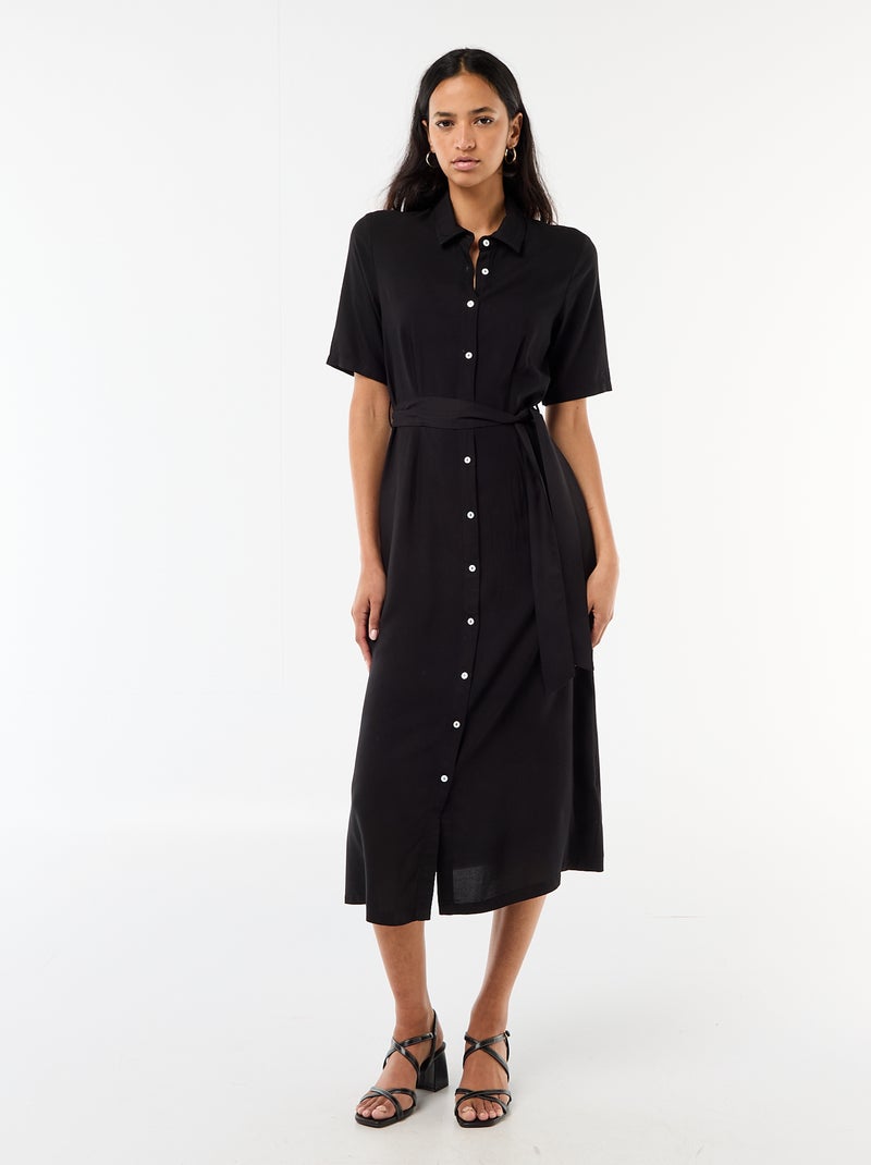Robe longue forme chemise avec ceinture à nouer uni Noir - Kiabi