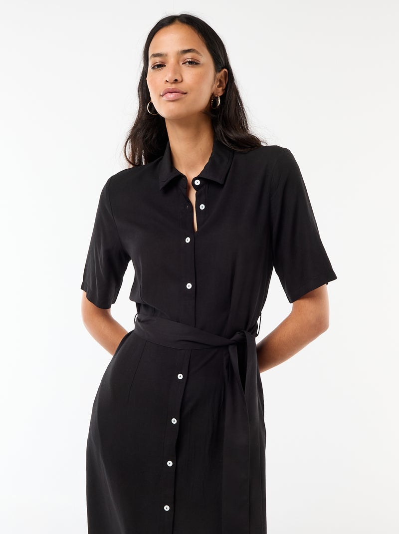 Robe longue forme chemise avec ceinture à nouer uni Noir - Kiabi