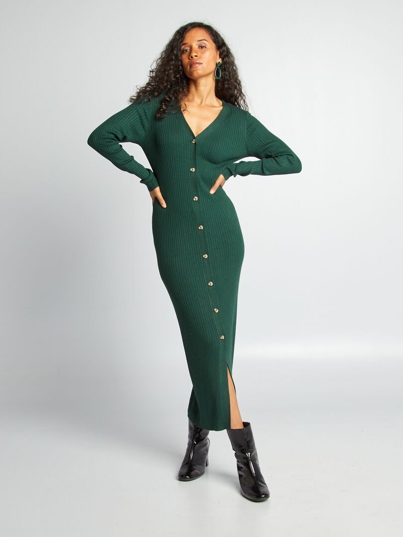 Robe longue fuseau côtelée Vert - Kiabi