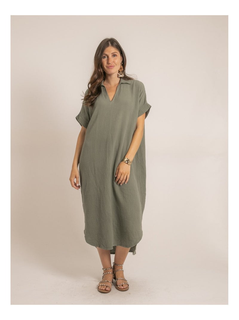 Robe longue gaze de coton IPELOR Kaki - Kiabi