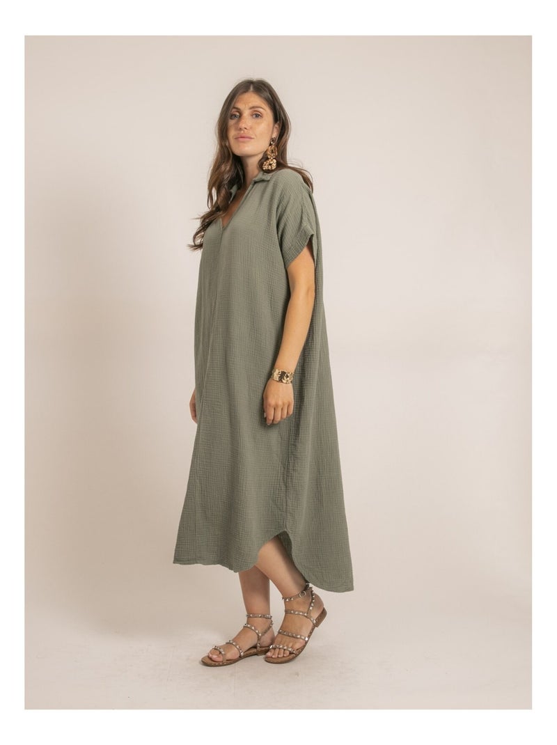 Robe longue gaze de coton IPELOR Kaki - Kiabi