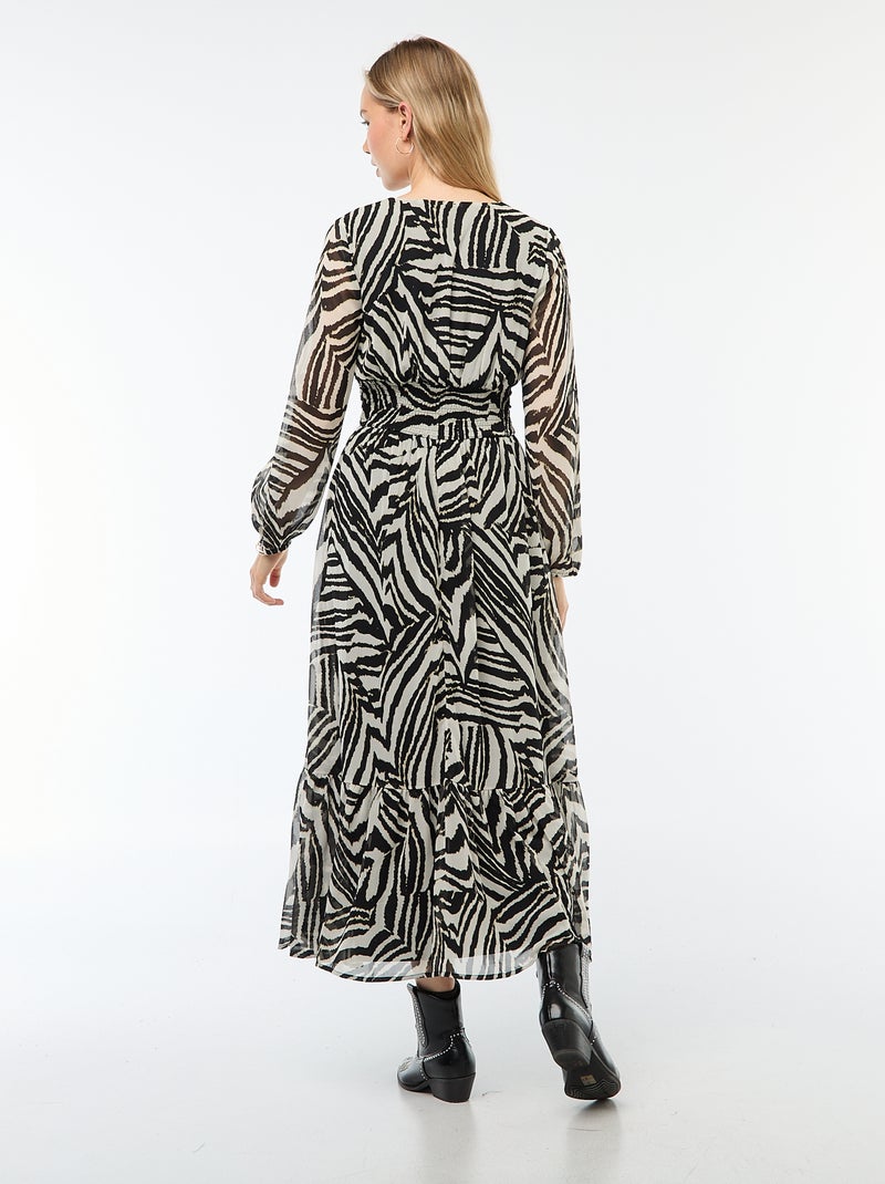 Robe longue imprimée à base volantée Noir/blanc - Kiabi