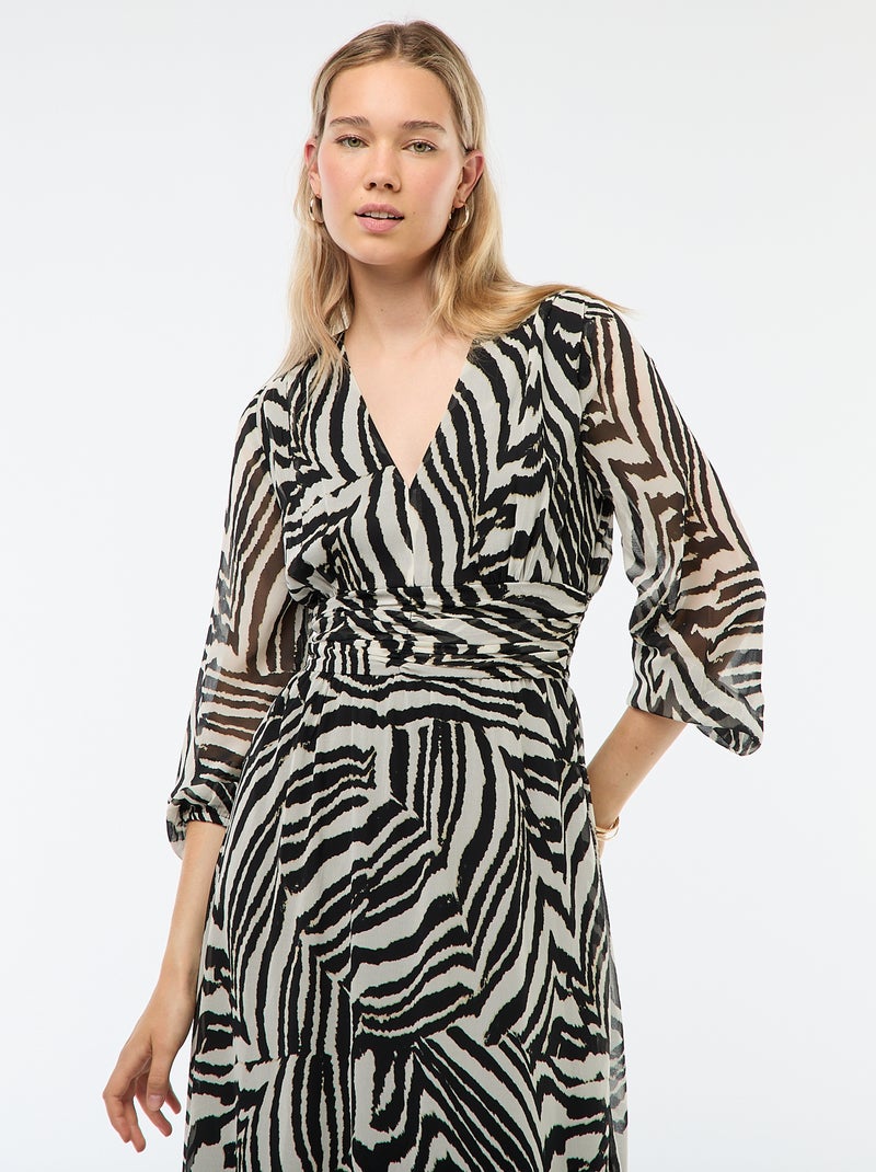 Robe longue imprimée à base volantée Noir/blanc - Kiabi